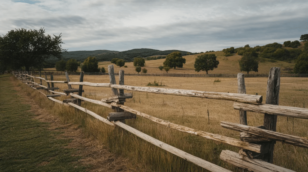 Split rail wood fence marking a rural property boundary