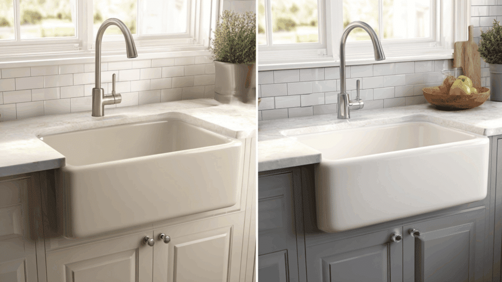 Split-screen comparison of apron and farmhouse sinks