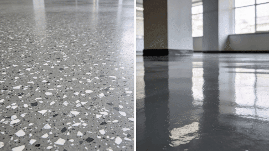 Split view comparing a close-up of polished terrazzo concrete flooring next to a view of a high-gloss, dark gray epoxy floor.