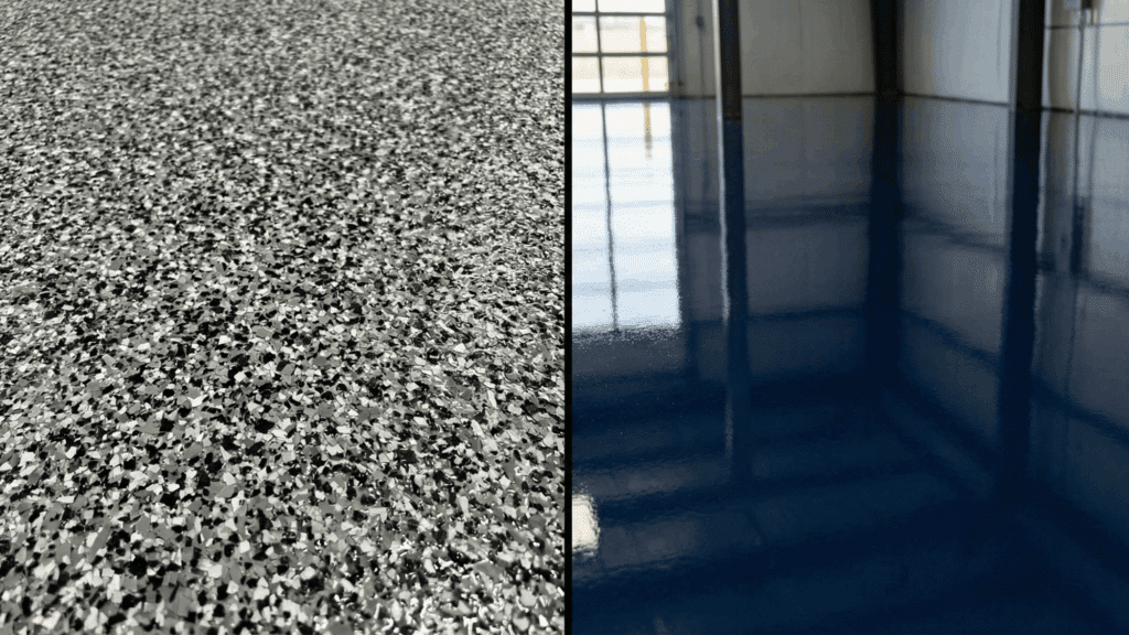 Split view of a close-up of polyaspartic flooring next to a view of a high-gloss, dark gray epoxy floor.