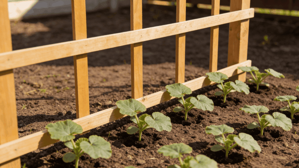 Squash seedlings spaced properly near a trellis for better airflow and growth.