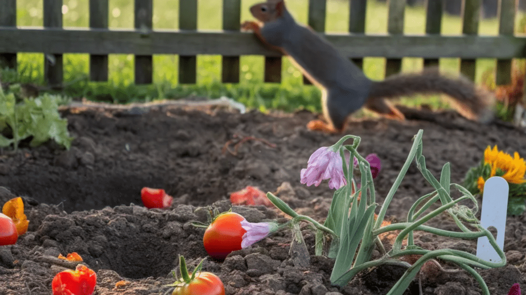 Squirrel damage in a garden with chewed vegetables, dug-up soil, and a squirrel running on a nearby fence.