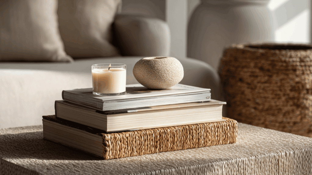 Stacked coffee table books with candle decor on a modern TV stand.
