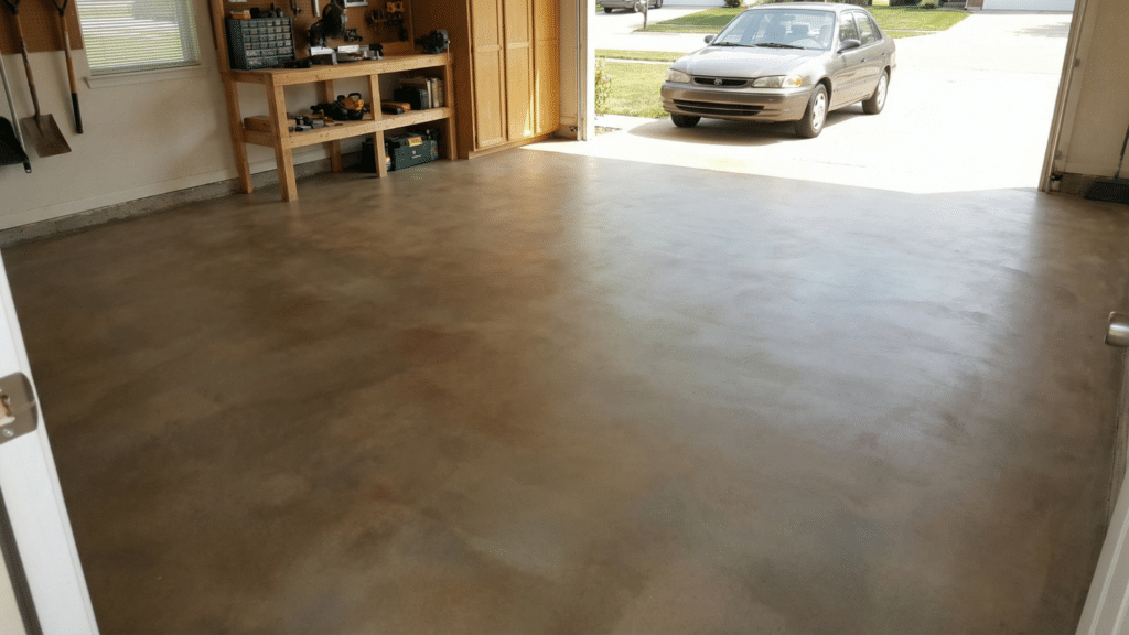 Stained concrete garage floor with natural finish