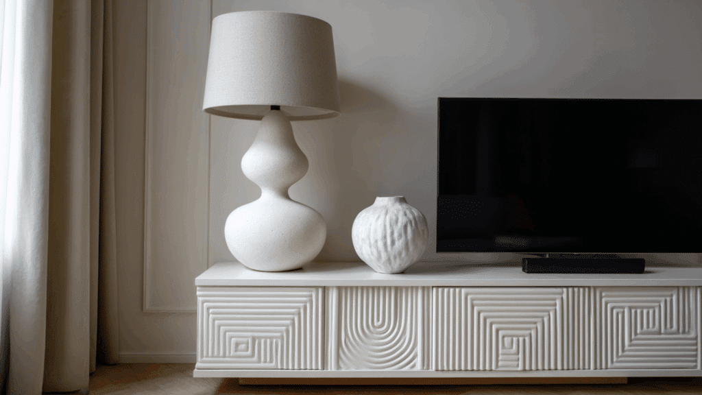 Statement table lamp adding warmth and style to a modern TV stand.