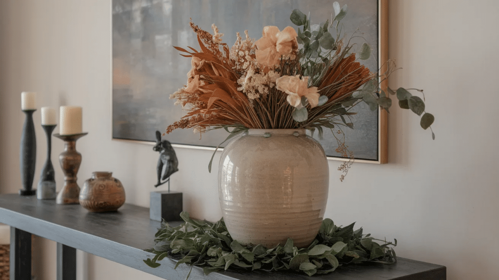 Statement vase with dried flowers on hallway table
