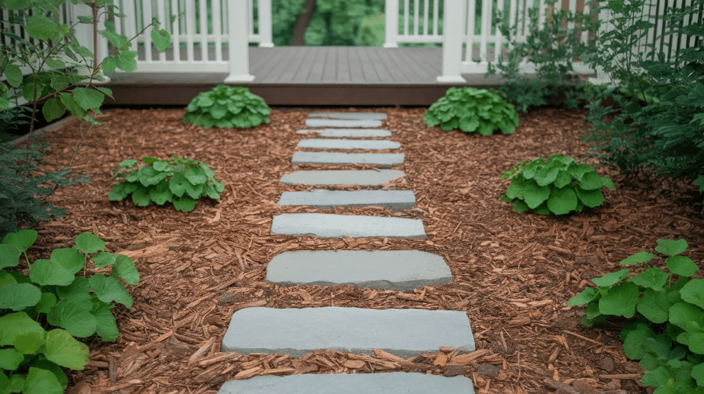 Stepping stones laid in mulch, forming a path through a garden