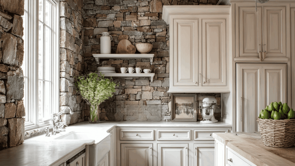 Stone accent wall in a rustic cottage kitchen