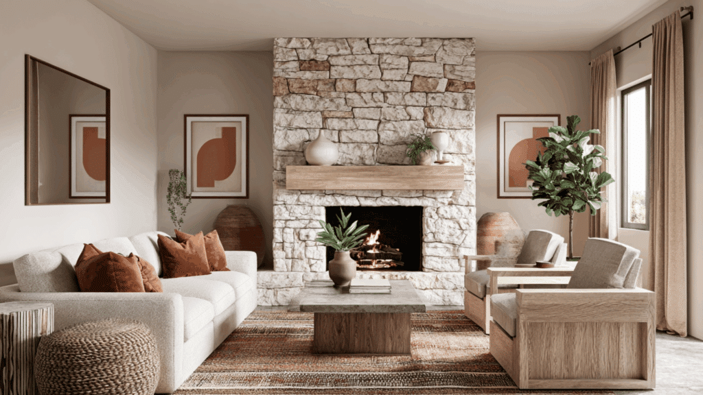 Stone fireplace with terracotta accents in a warm organic modern living room