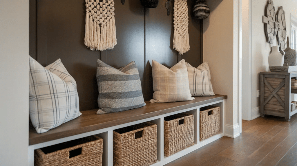 Storage bench with baskets in a cozy hallway