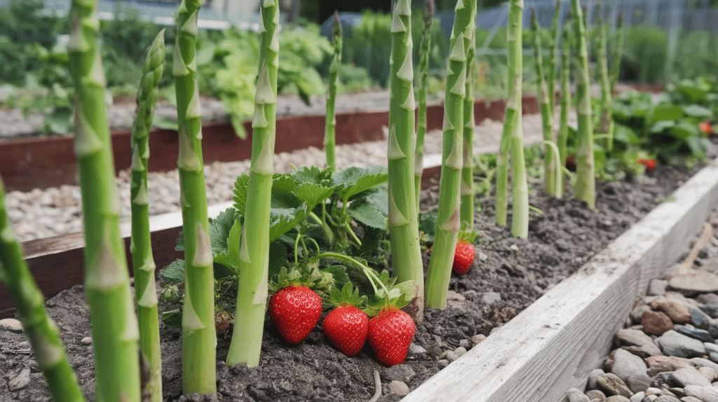 Strawberries and asparagus growing together in the same garden bed.
