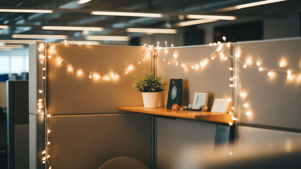 String lights hanging in a decorated cubicle