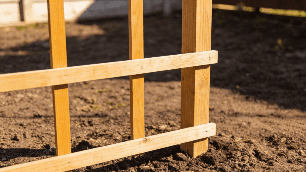 Strong trellis installed in garden soil before planting squash vines.