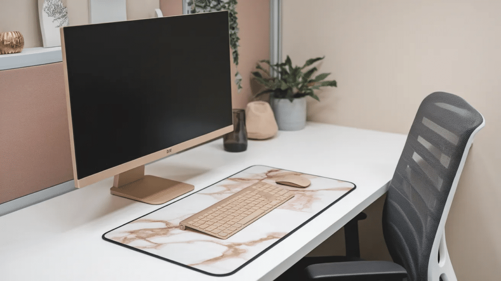Stylish desk mat on a cubicle desk with computer