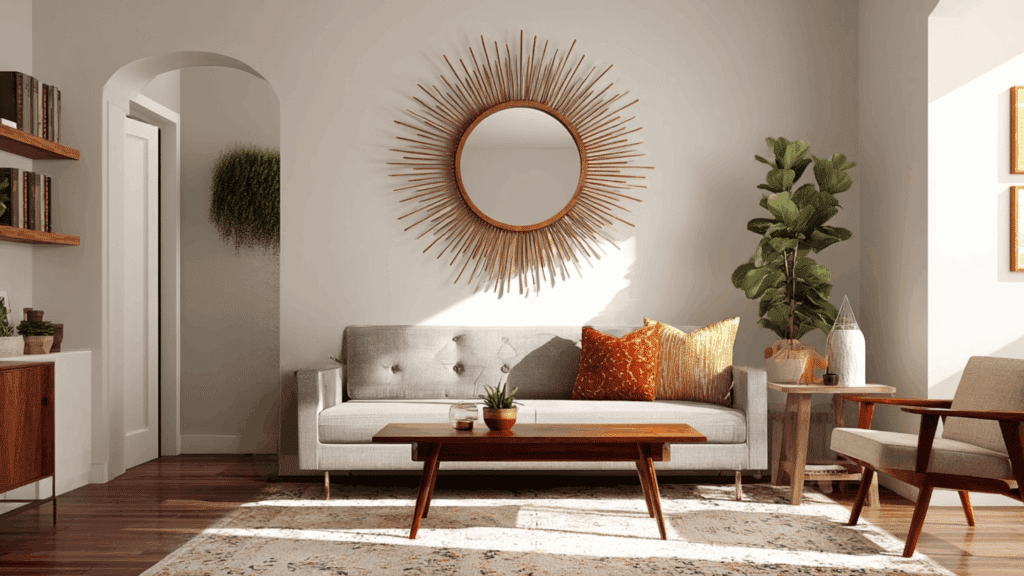 Sunburst mirror above console in mid century modern living room