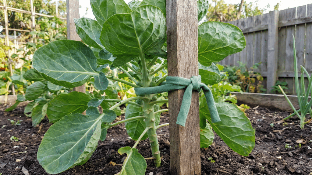 Supporting Brussels sprout plant with a garden stake