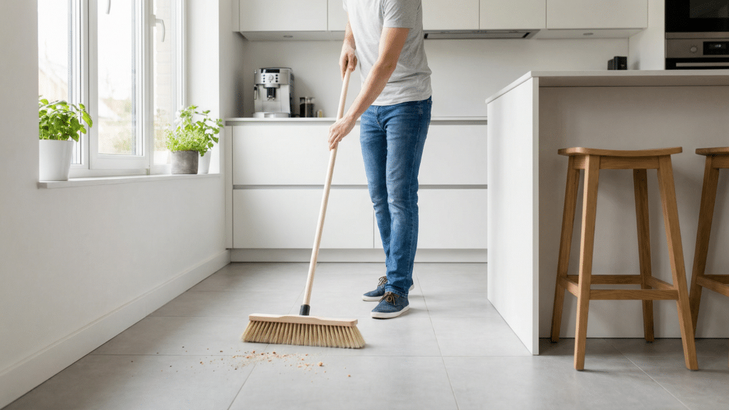 Sweeping dust and debris from light gray ceramic tile floor in a bright kitchen before mopping