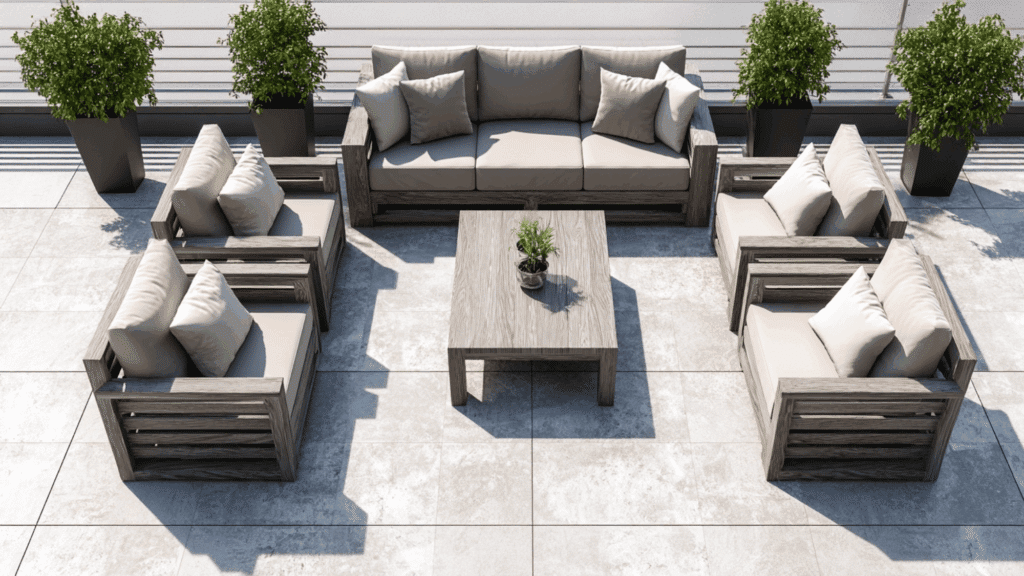Symmetrical patio seating with matching chairs and table.