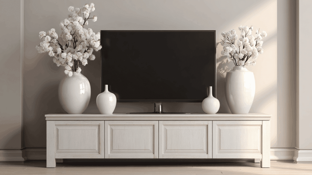 Symmetrical vase decor arrangement on both sides of a TV console.