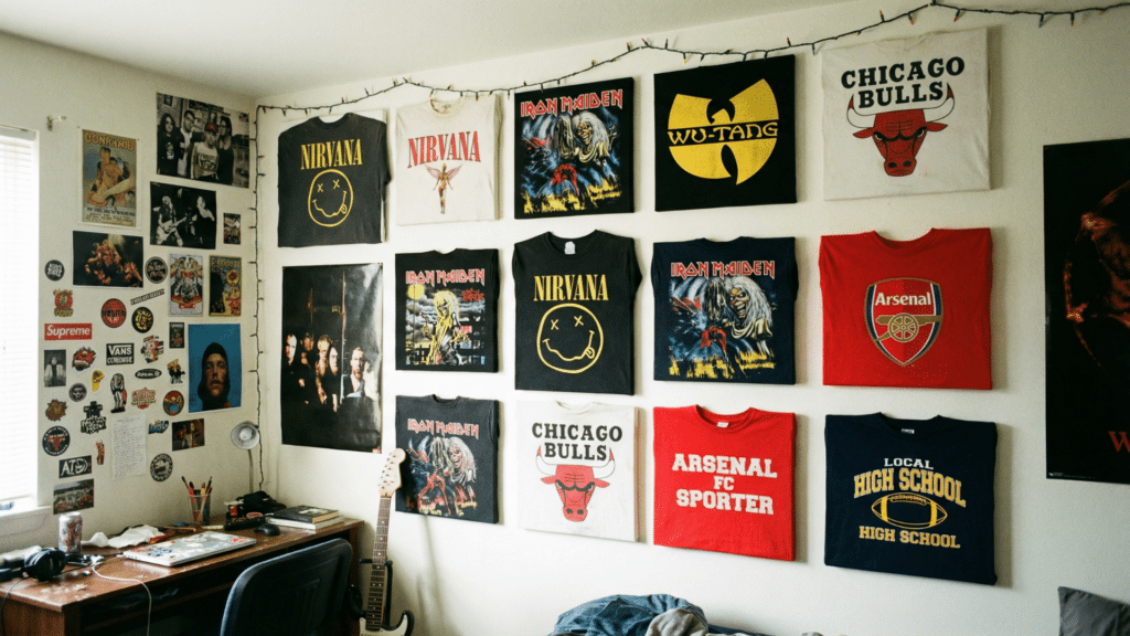 T shirts stretched over canvas used as framed art in a personalized bedroom display