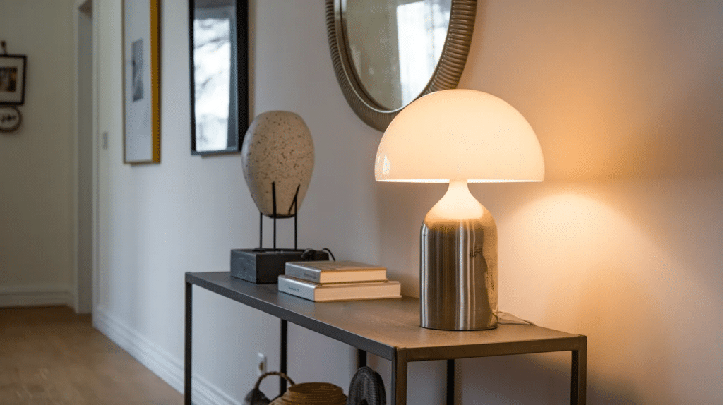 Table lamp on console adding warmth to hallway