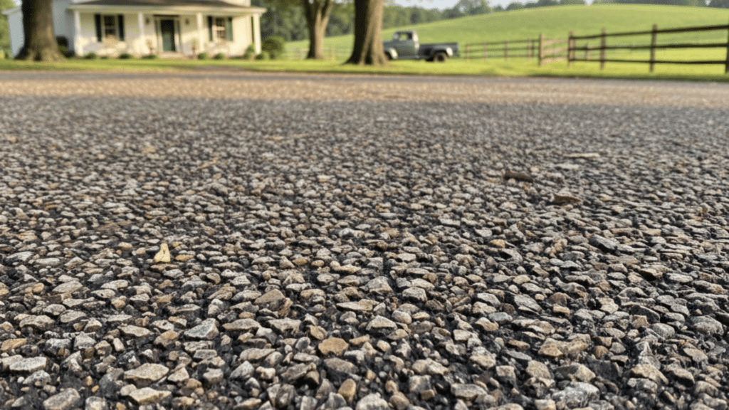 Tar and chip driveway with a textured, rustic surface