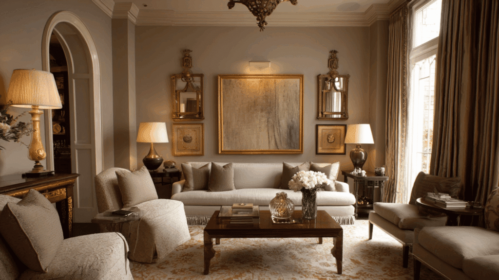 Taupe and gold interior with warm lighting and classic elegant décor