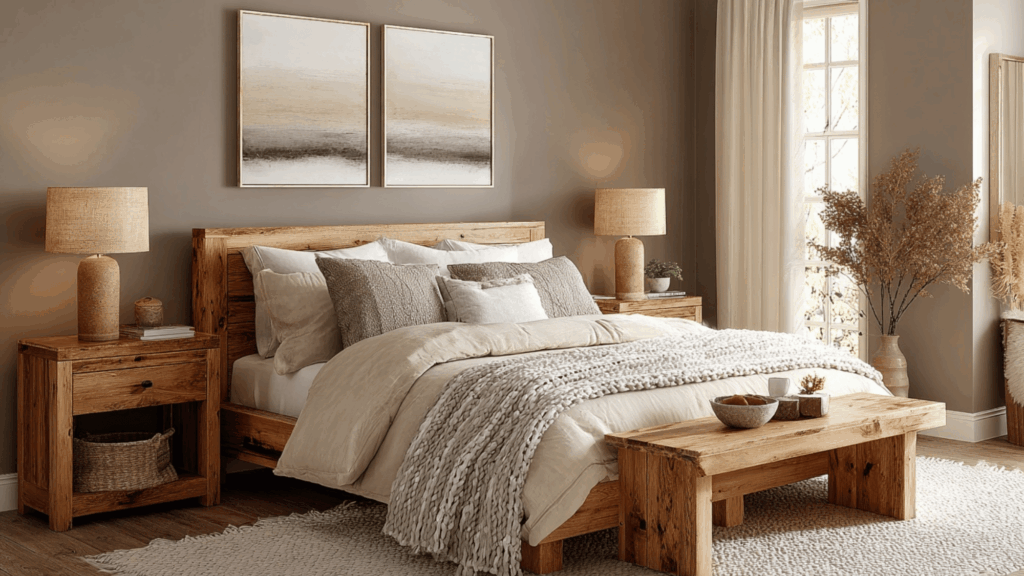 Taupe bedroom with wood accents and cozy layered bedding