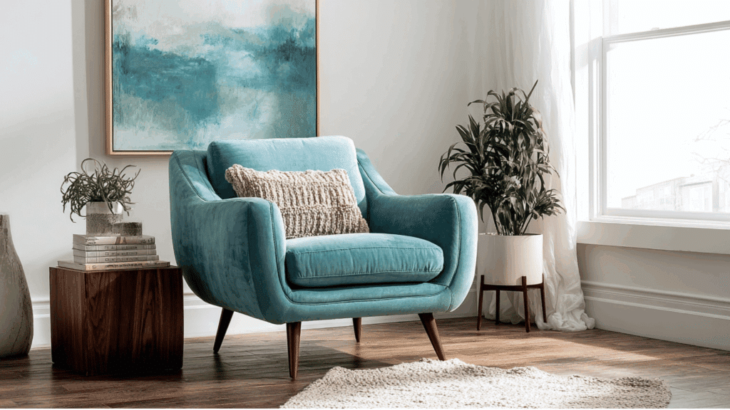 Teal accent chair with leather details in modern living room
