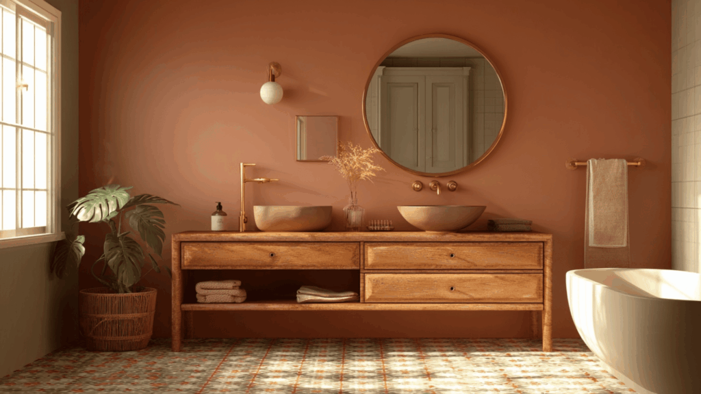 Terracotta bathroom paint with warm earthy tones and brass accents