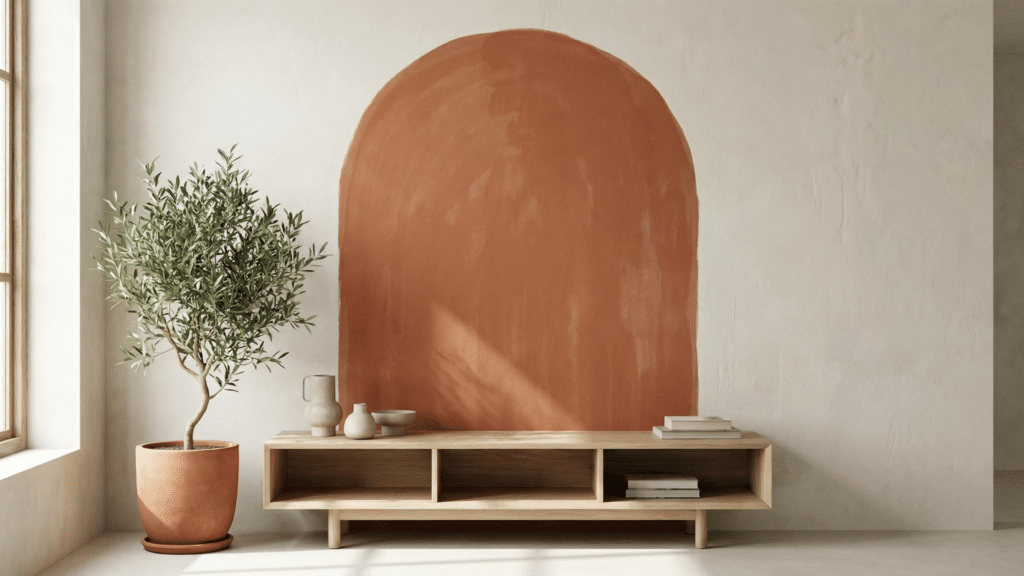 Terracotta painted arch on a wall acting as a bold, minimalist wall feature.