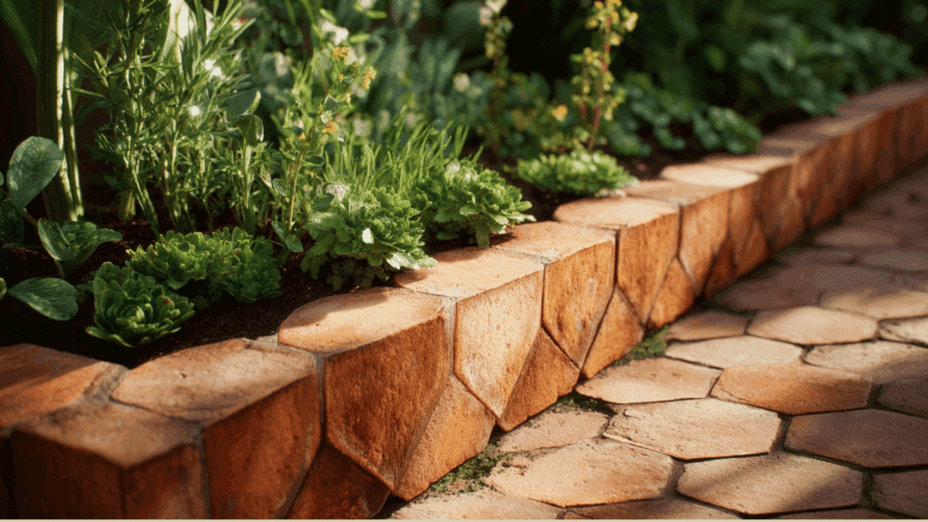 Terracotta tile edging adding warmth to garden borders