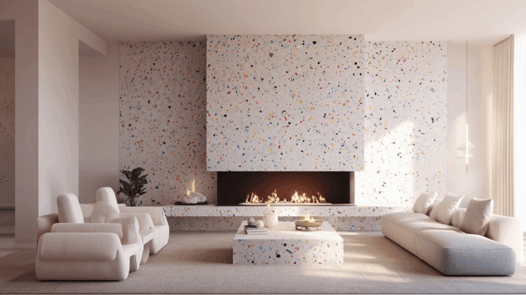 Terrazzo pattern fireplace accent wall with modern minimalist fireplace