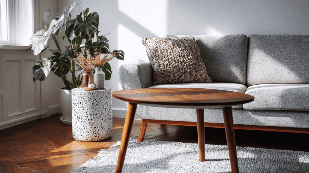 Terrazzo side table next to neutral sofa