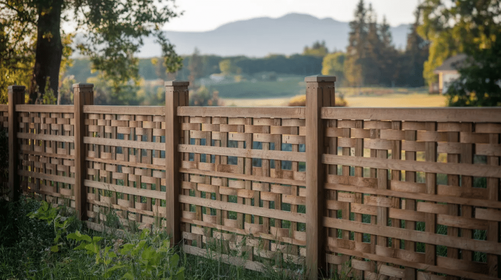 Textured basket weave fence made with interlaced wood planks