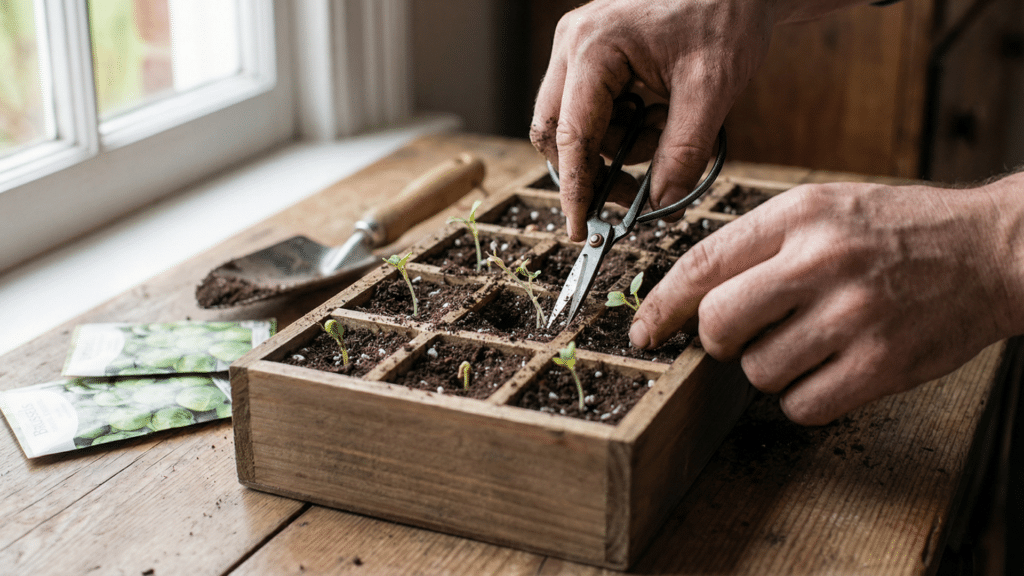 Thinning Brussels sprout seedlings with scissors in seed tray