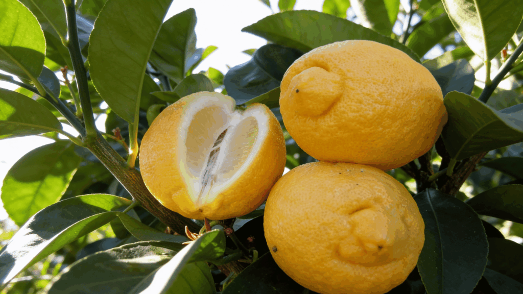 _Three bumpy yellow sorrento lemons, one cut in half exposing the pulp, hang from a branch surrounded by dark green leaves against a bright sky.