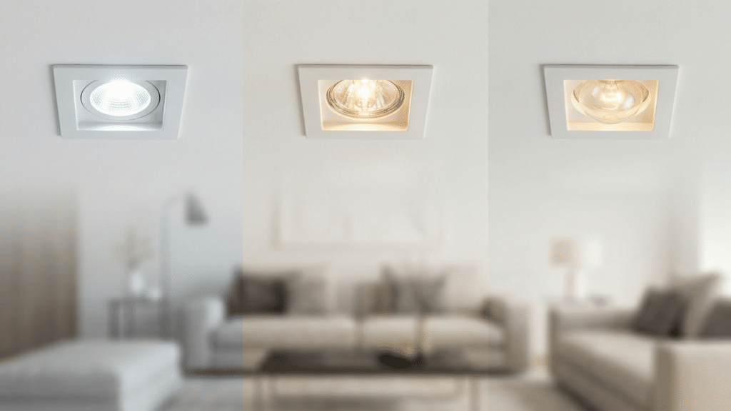 Three panels showing LED, halogen, and incandescent recessed lighting types installed in ceiling