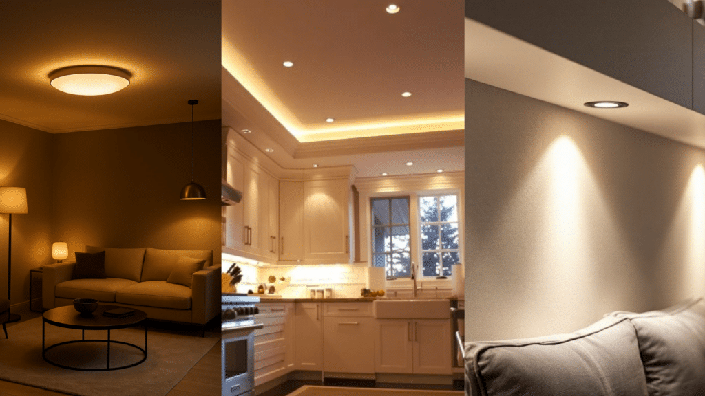 Three panels showing ambient, task, and accent recessed lighting types installed in ceiling