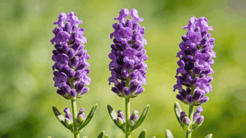 Three vibrant purple lavender flower spikes stand tall against a softly blurred green background.