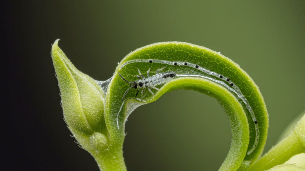 Thrips on a young plant leaf with silver damage lines and dark specks.