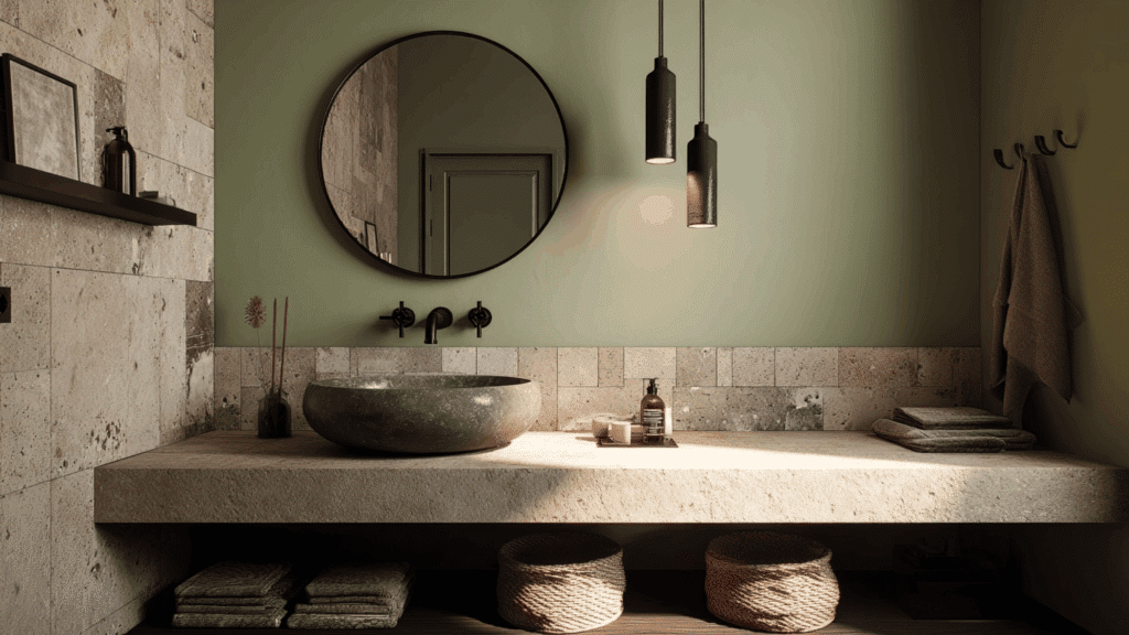 Thyme green bathroom walls with earthy tiles and modern black fixtures