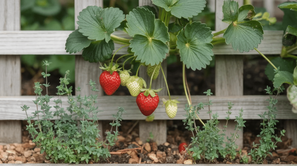Thyme plants growing near strawberries.