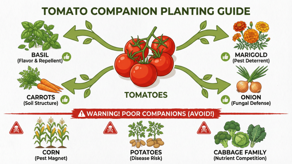 Tomato companion planting chart with good companions such as basil and marigolds and plants to avoid like corn and potatoes