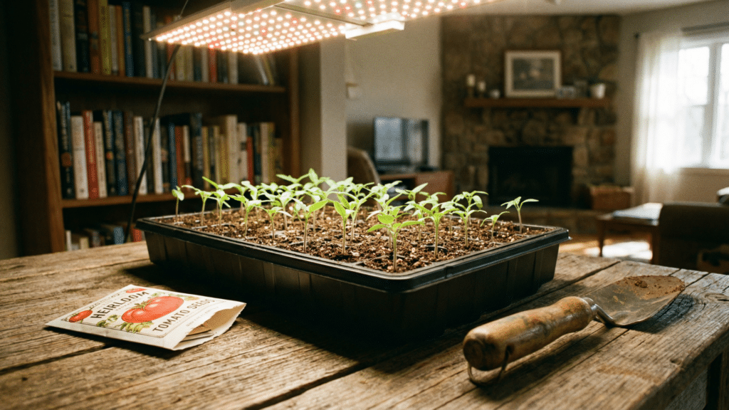 Tomato seeds started indoors in small trays under the lighting