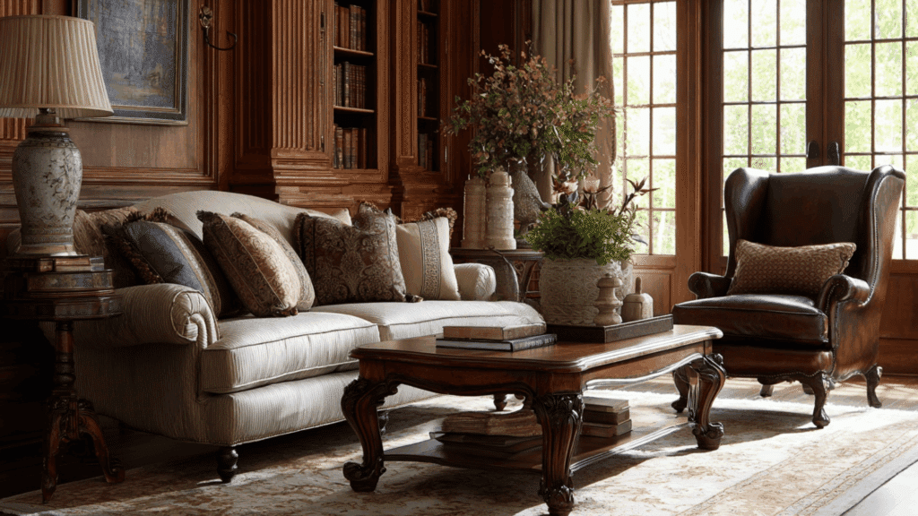 Traditional furniture with rolled-arm sofa, wingback chair, and carved wood table
