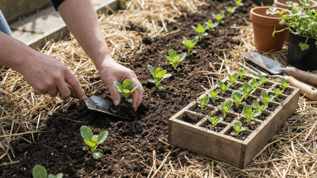 Transplanting Brussels sprout seedlings into garden rows