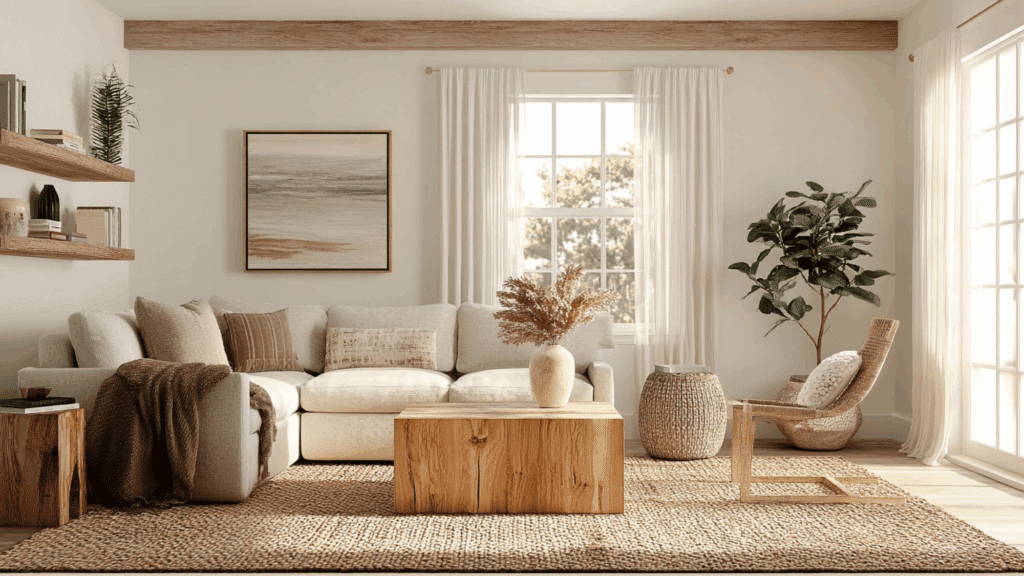 Travertine coffee table as a focal point in an organic modern living room