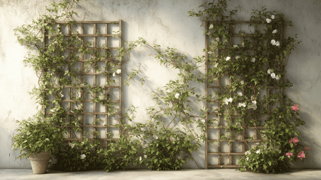 Trellis vertical garden supporting climbing vines and flowers