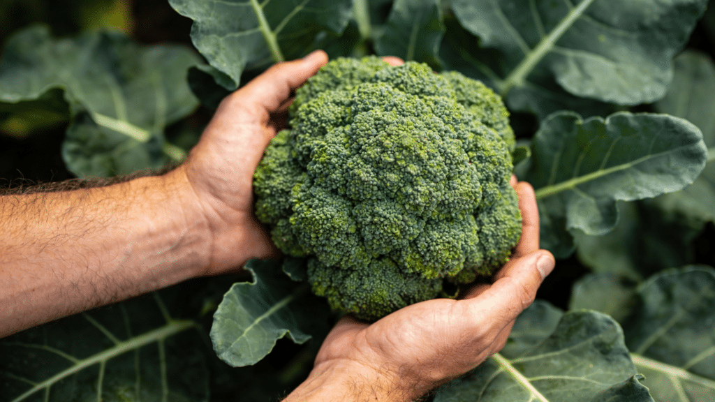 Two hands hold a large, freshly harvested head of green broccoli surrounded by dark green broccoli leaves